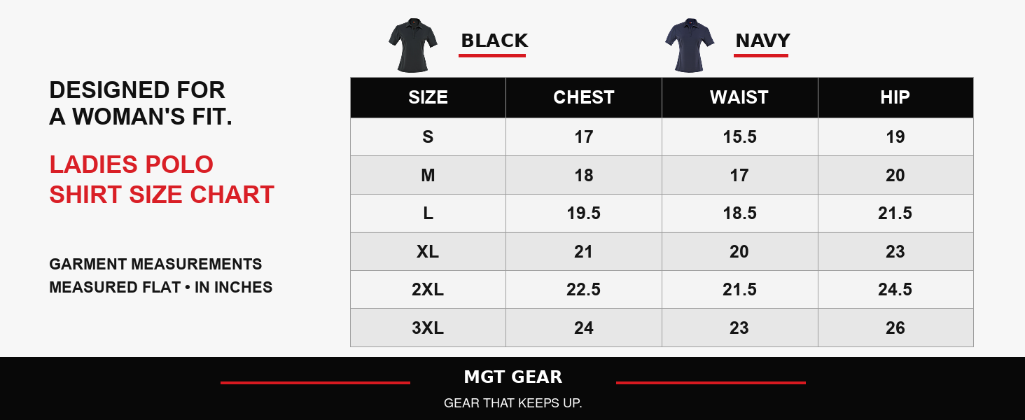 A women's polo shirt size chart graphic from MGT Gear, showing measurements in inches for sizes S through 3XL under black and navy color headings, with garment measurements listed on the left.