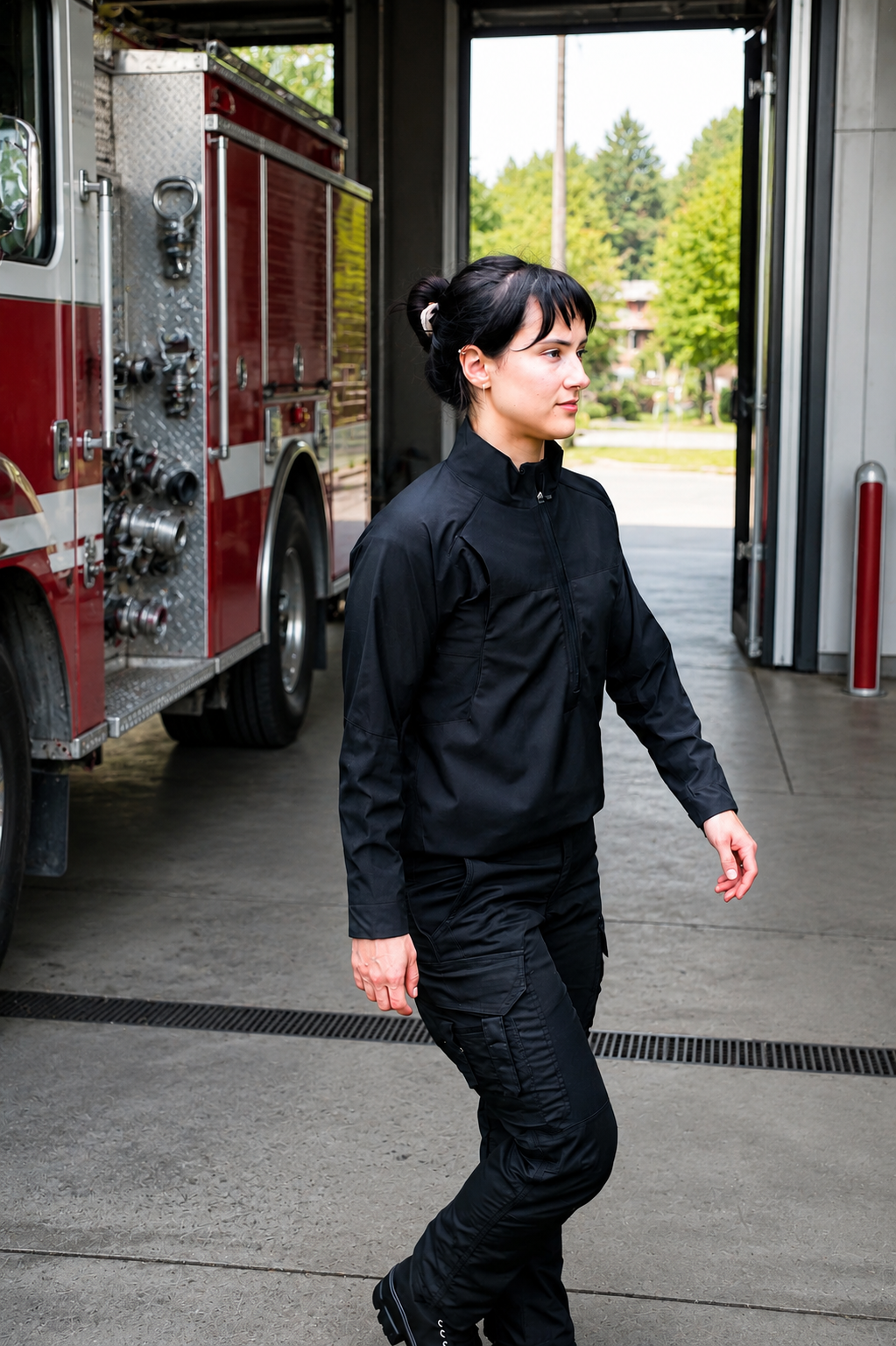 A woman in a black firefighter uniform walks out of a fire station garage next to a red fire truck.