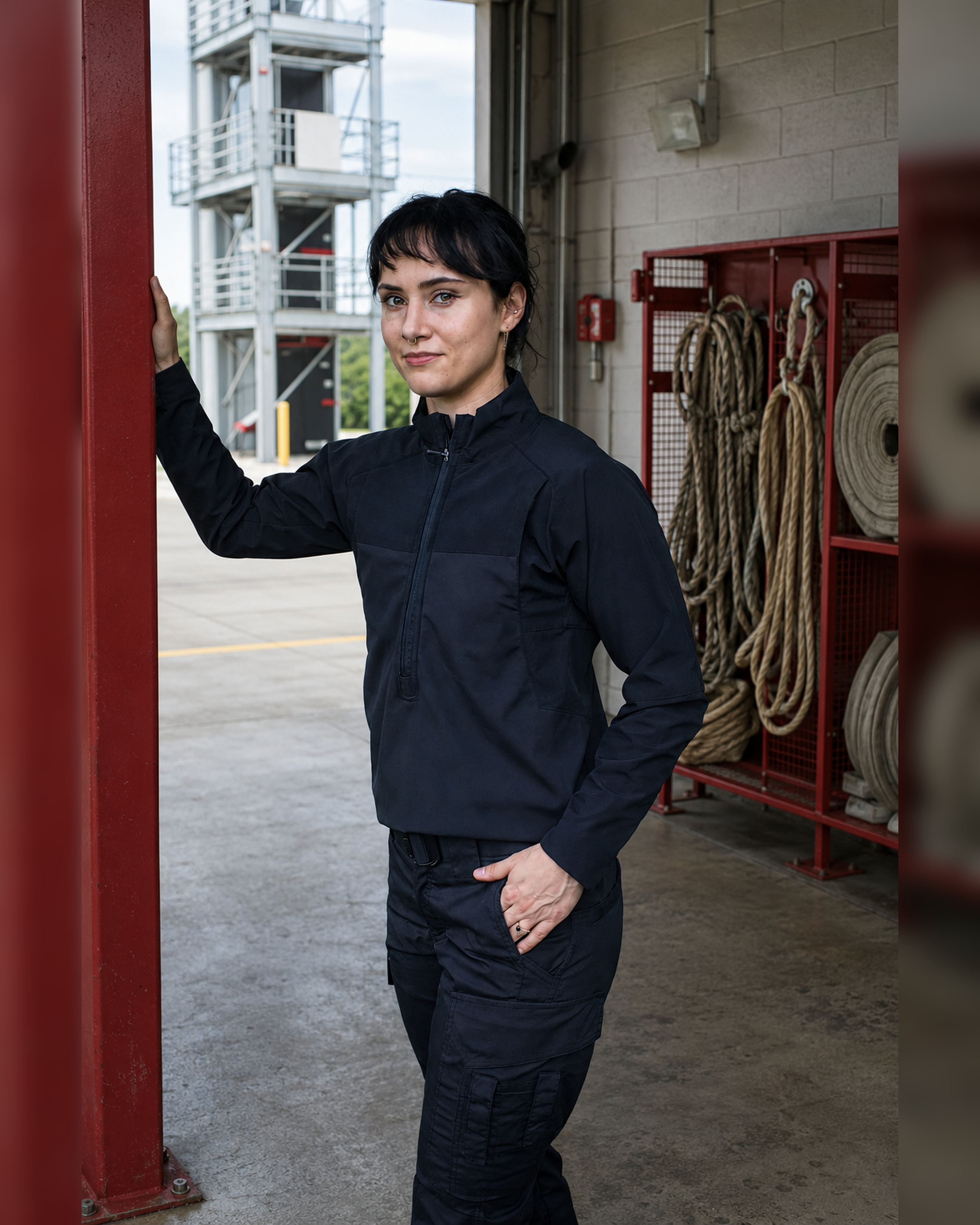 A woman wearing a black tactical-style quarter-zip pullover and matching cargo pants stands in a fire station or warehouse doorway, leaning against a red structural column with equipment and ropes visible in the background.