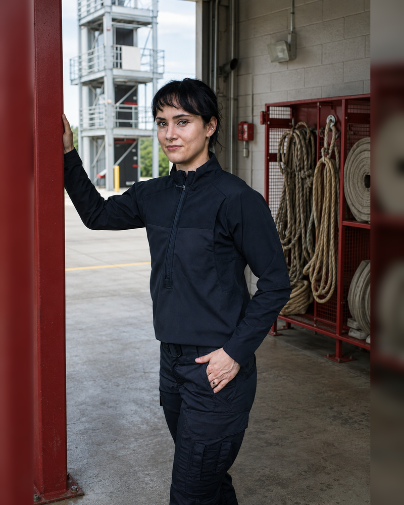 A woman wearing a black tactical-style quarter-zip pullover and matching cargo pants stands in a fire station or warehouse doorway, leaning against a red structural column with equipment and ropes visible in the background.