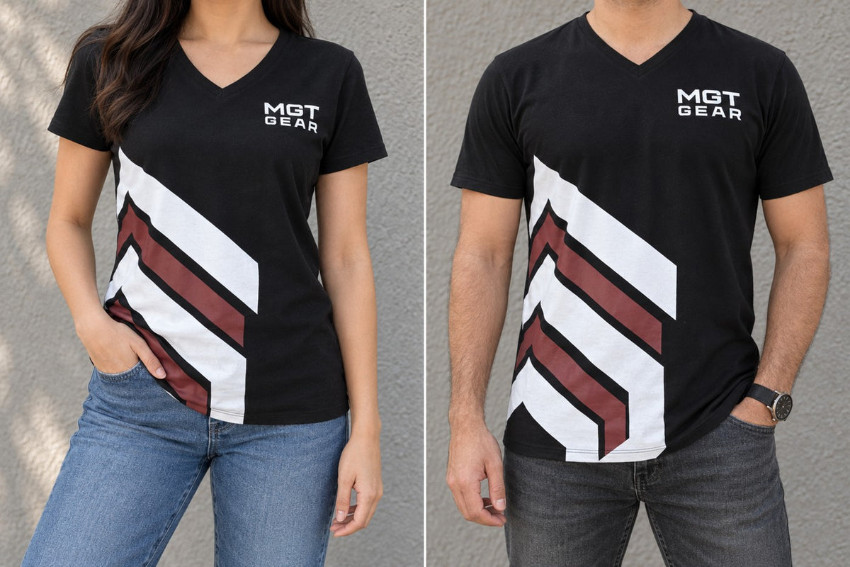 MGT Gear Screen Print V-Neck T-Shirt styled with denim