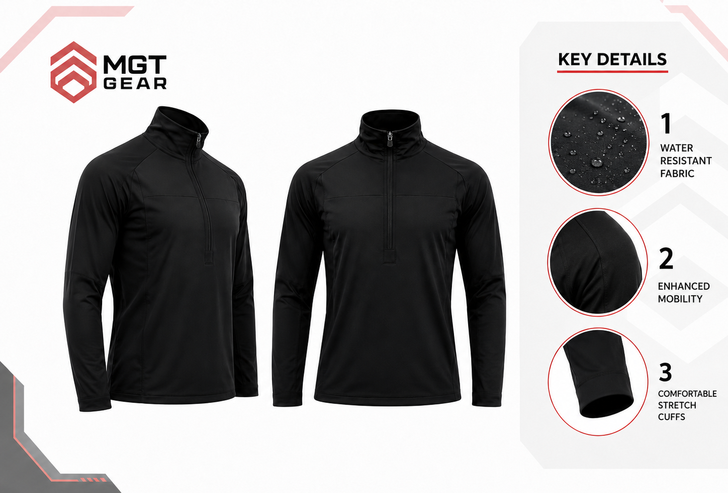 Black long-sleeve quarter-zip athletic top shown from front and back on a white background, with MGT GEAR branding and three key detail callouts on the right: water-resistant fabric, enhanced mobility, and comfortable stretch cuffs.