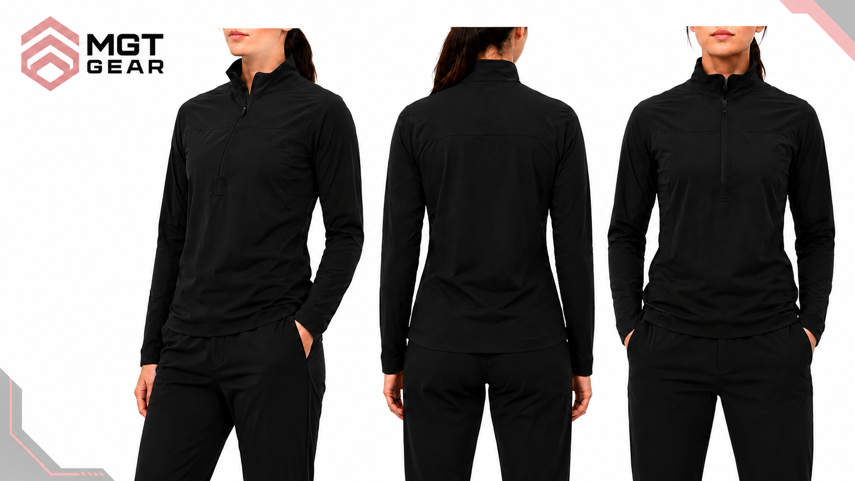Three views of a woman modeling a black long-sleeve quarter-zip athletic top and matching black pants against a white background, with the MGT GEAR logo in the top left.