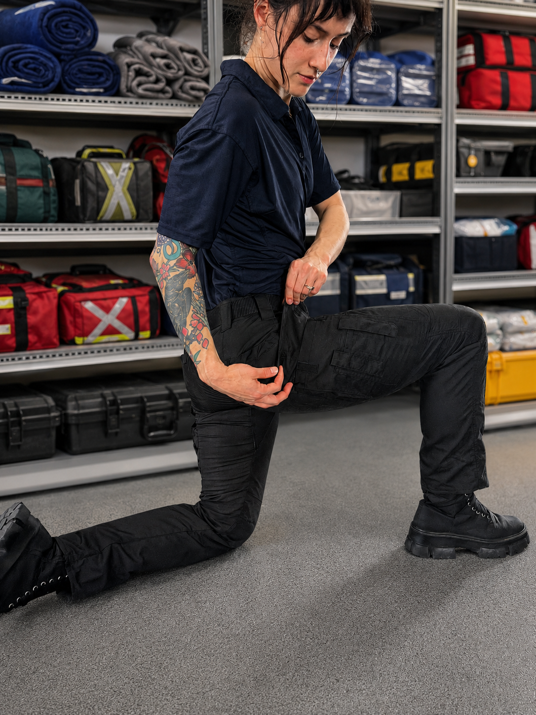 A person in a navy short-sleeve polo shirt and black cargo pants kneels in a storage room with shelving and gear bags in the background, adjusting the front of the pants.