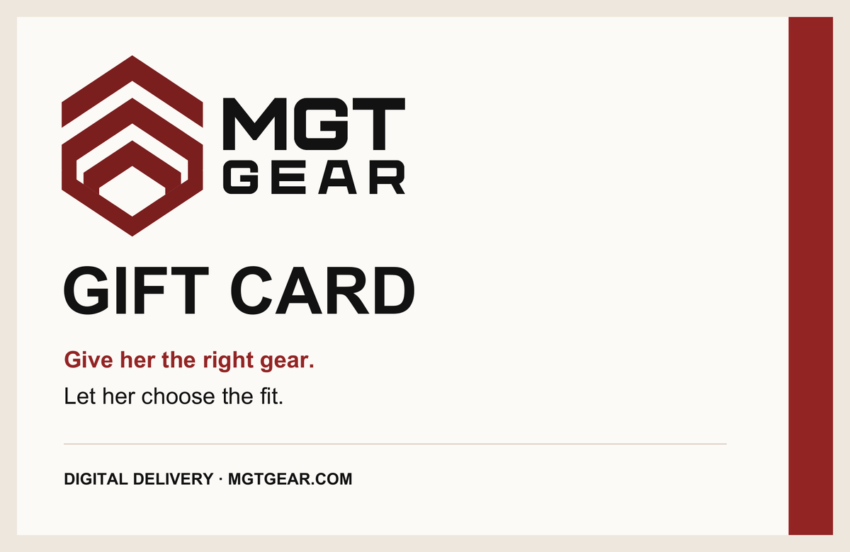 MGT Gear digital gift card with the original red and black logo on an ivory background