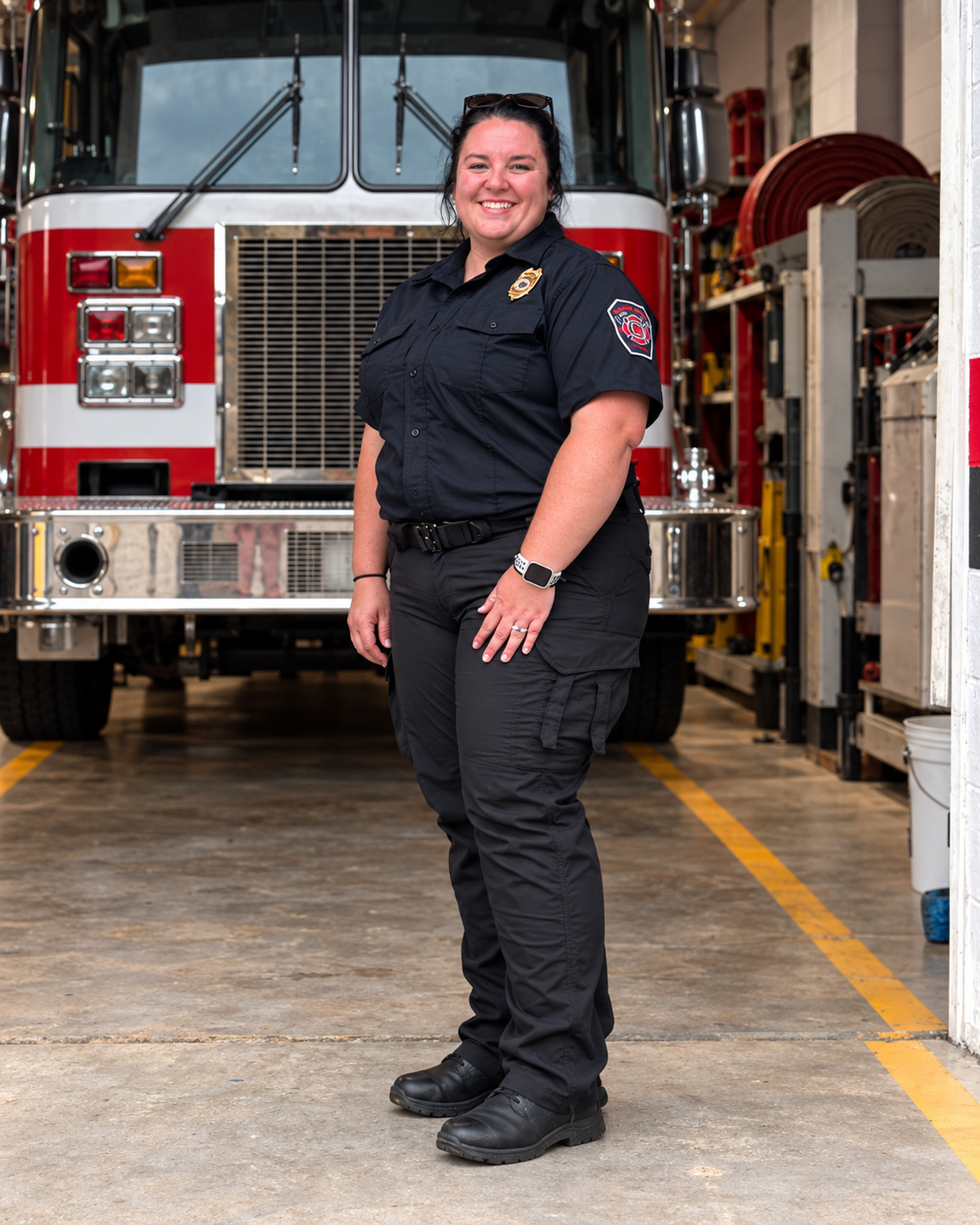 A firefighter wearing MGT duty pants in her fire station, with a red-and-white engine behind her