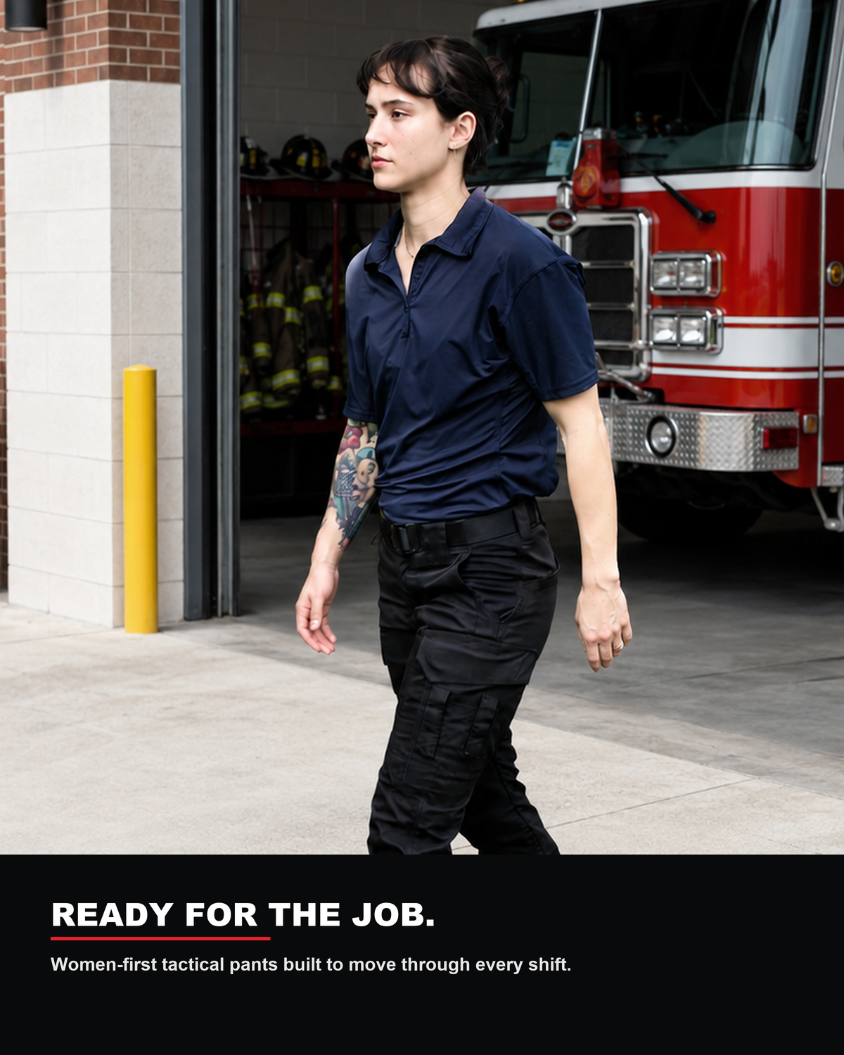 Woman wearing black MGT Gear tactical pants in an on-duty setting